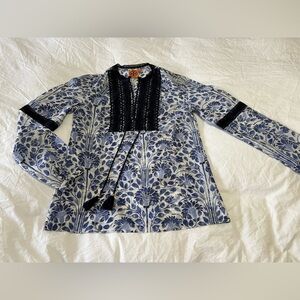 Tory Burch | Tunic Floral Blouse SZ 4 Blue Print Tie Tassel Front Cotton